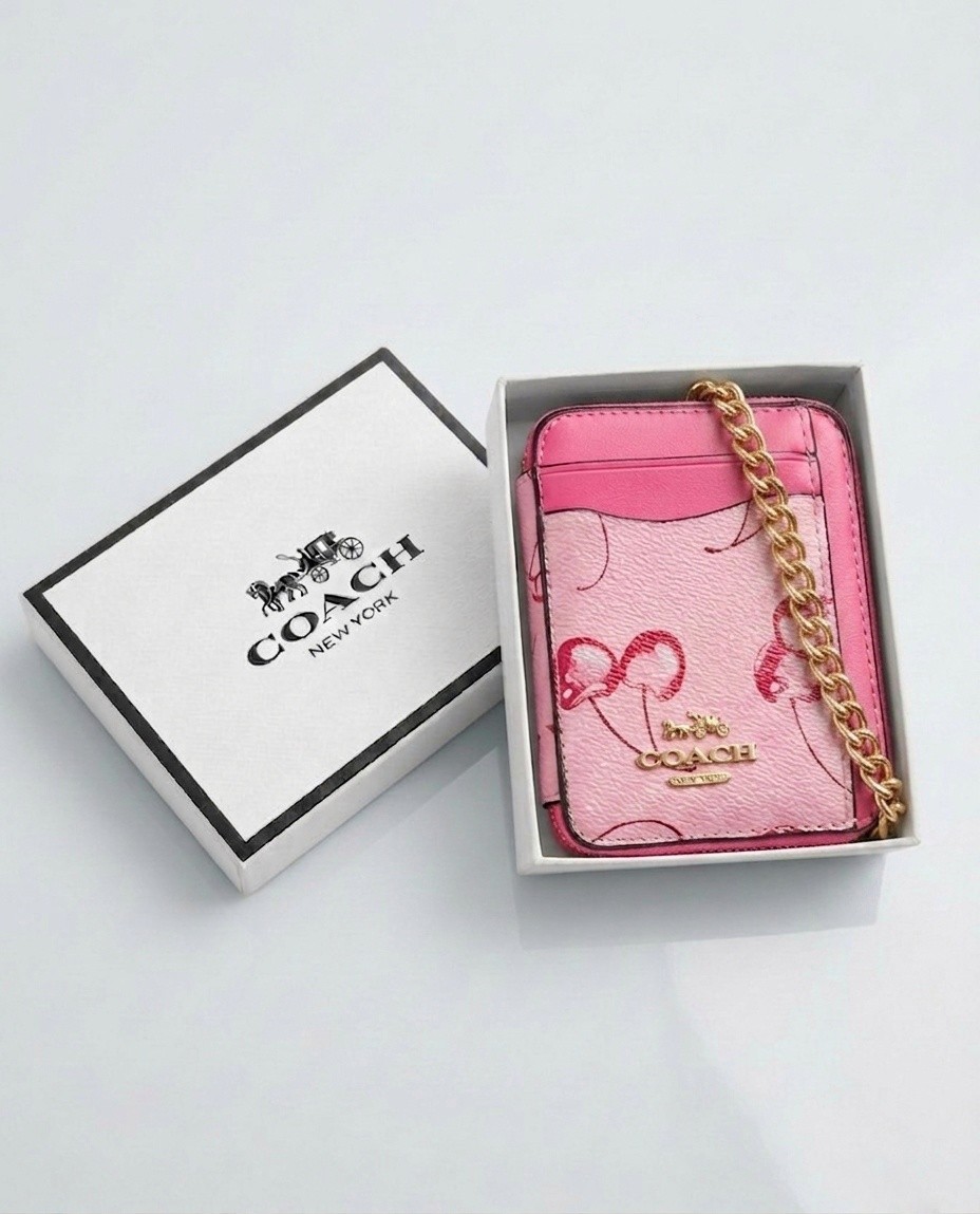 Coach Mini Zip Card Case with Chain – Pink color